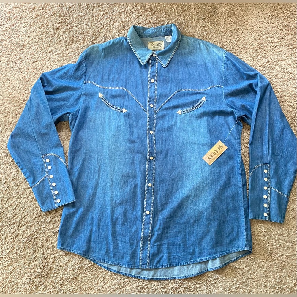 Scully Western Shirt Men’s Large Chambray Pearl Snap Blue Long Sleeve Size XL